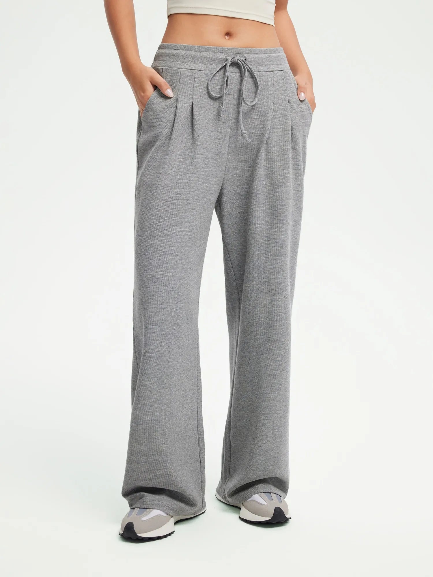 SUUKSESS Women Wide Leg Work Pants High Waisted Drawstring Waffle Knit Trousers-SUUKSESS-SUUKSESS