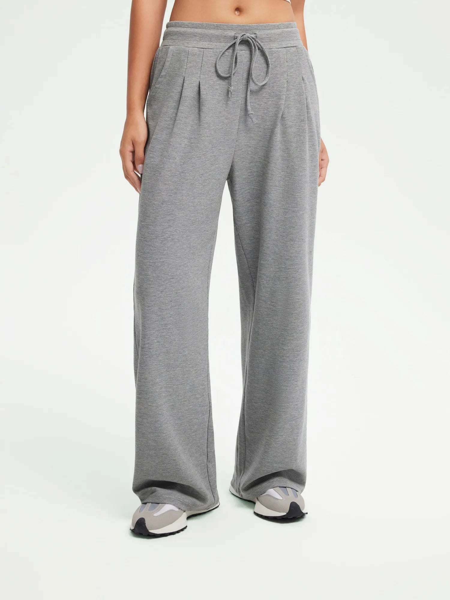 SUUKSESS Women Wide Leg Work Pants High Waisted Drawstring Waffle Knit Trousers-SUUKSESS-SUUKSESS