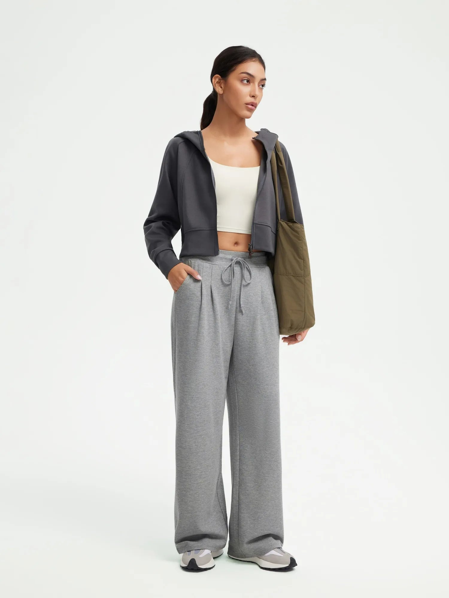 SUUKSESS Women Wide Leg Work Pants High Waisted Drawstring Waffle Knit Trousers-SUUKSESS-SUUKSESS