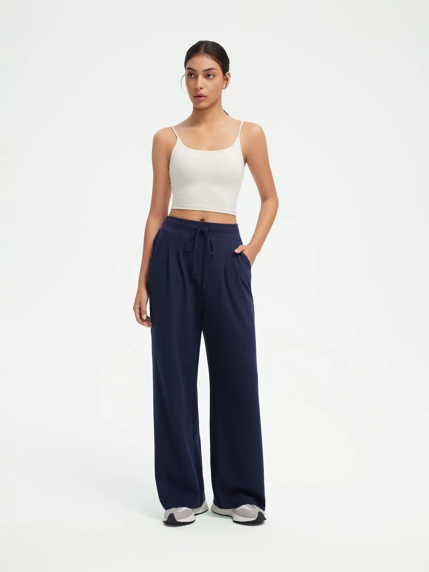 SUUKSESS Women Wide Leg Work Pants High Waisted Drawstring Waffle Knit Trousers-SUUKSESS-Navy-XS-SUUKSESS