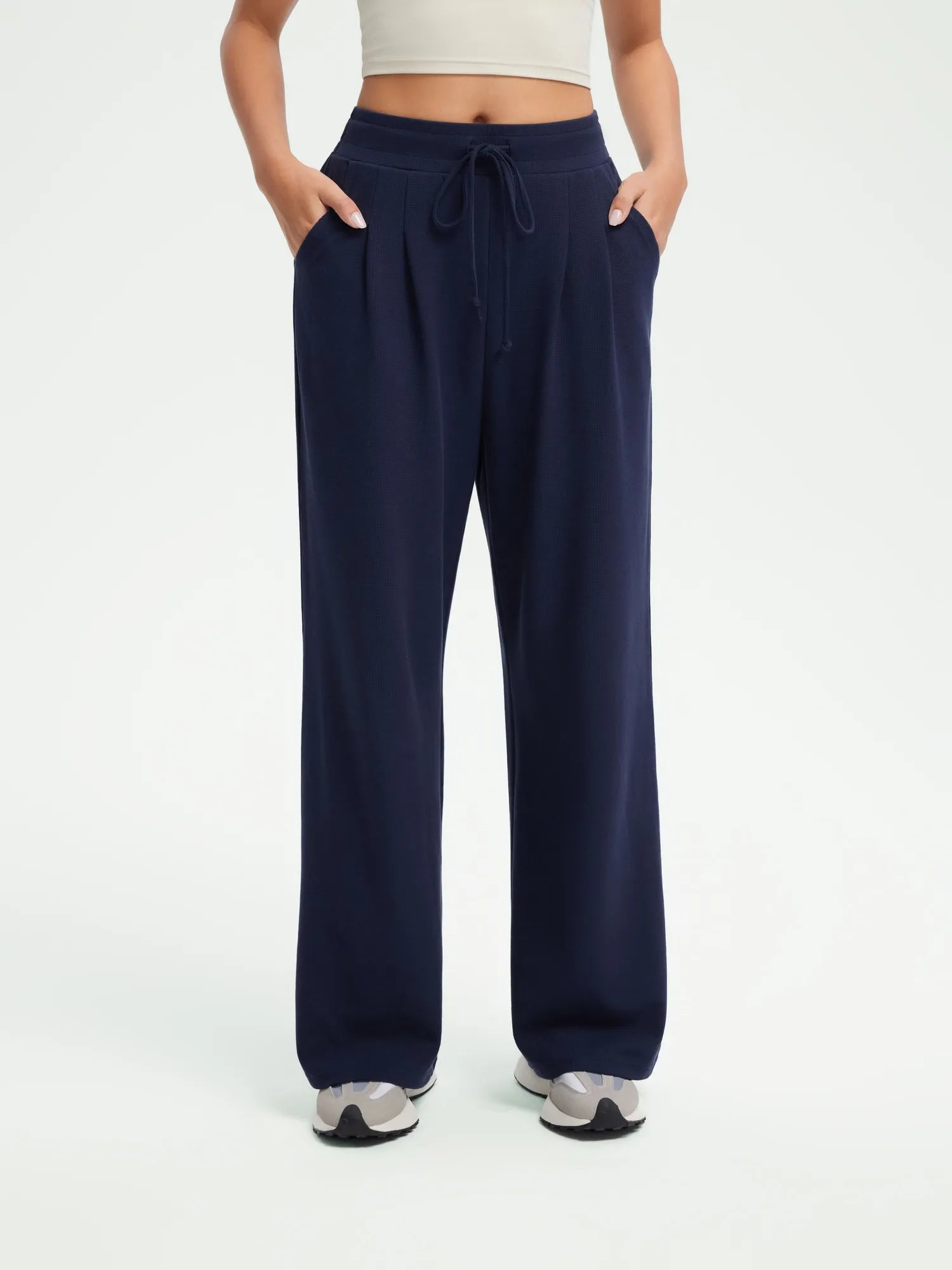 SUUKSESS Women Wide Leg Work Pants High Waisted Drawstring Waffle Knit Trousers-SUUKSESS-SUUKSESS