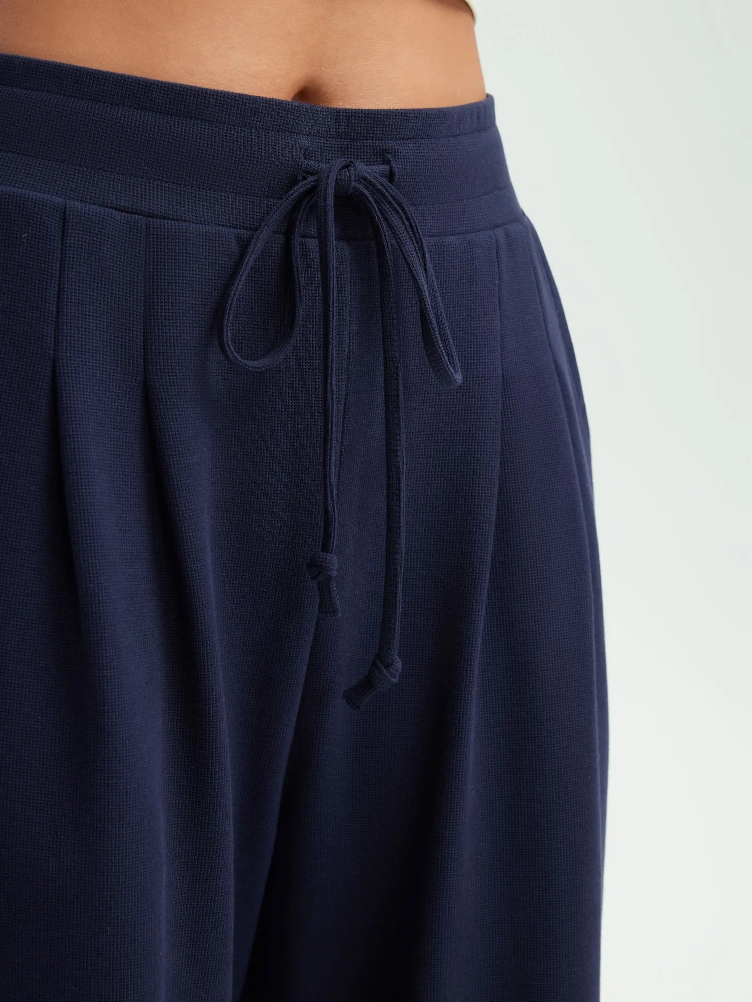 SUUKSESS Women Wide Leg Work Pants High Waisted Drawstring Waffle Knit Trousers-SUUKSESS-SUUKSESS