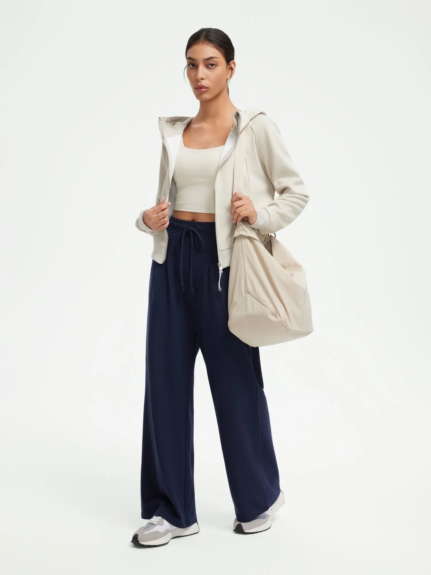 SUUKSESS Women Wide Leg Work Pants High Waisted Drawstring Waffle Knit Trousers-SUUKSESS-SUUKSESS