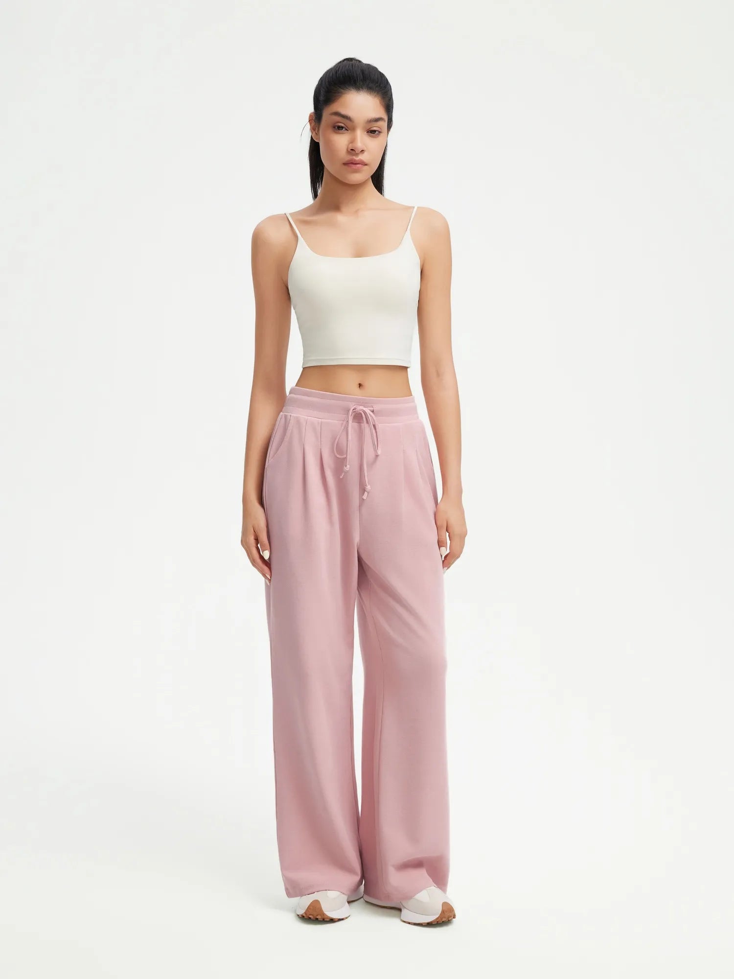 SUUKSESS Women Wide Leg Work Pants High Waisted Drawstring Waffle Knit Trousers-SUUKSESS-Pink-XS-SUUKSESS