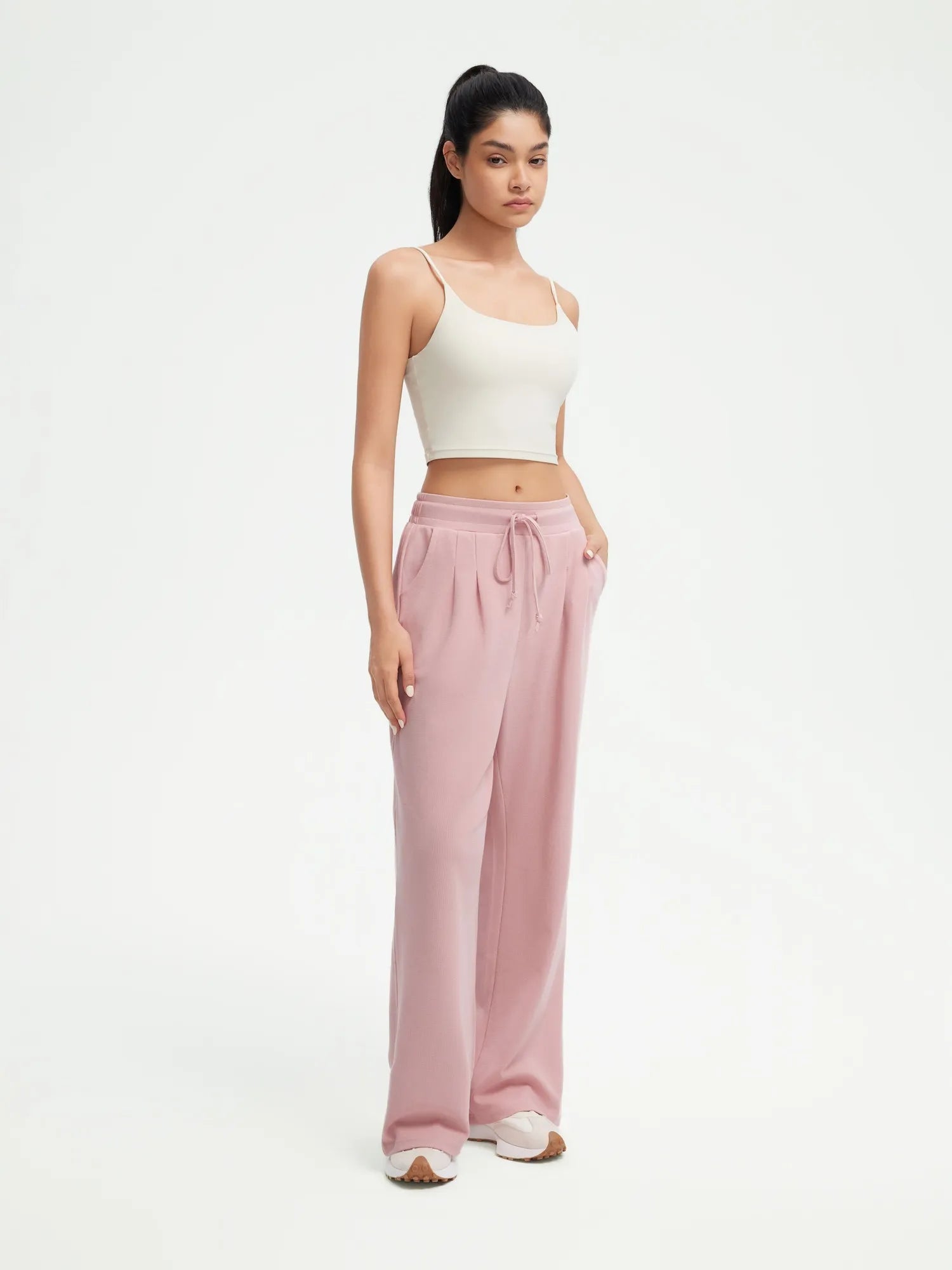 SUUKSESS Women Wide Leg Work Pants High Waisted Drawstring Waffle Knit Trousers-SUUKSESS-SUUKSESS