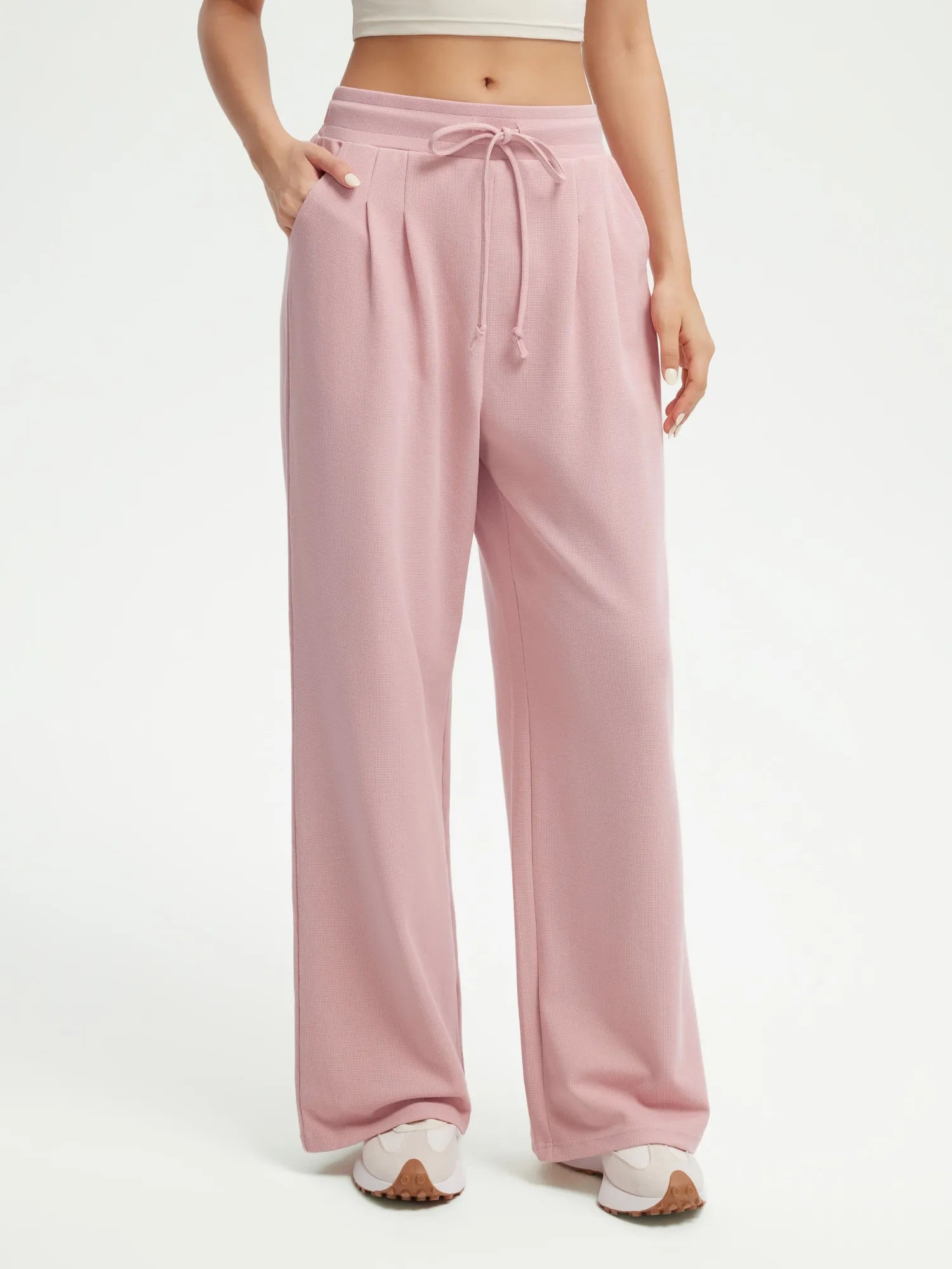 SUUKSESS Women Wide Leg Work Pants High Waisted Drawstring Waffle Knit Trousers-SUUKSESS-SUUKSESS