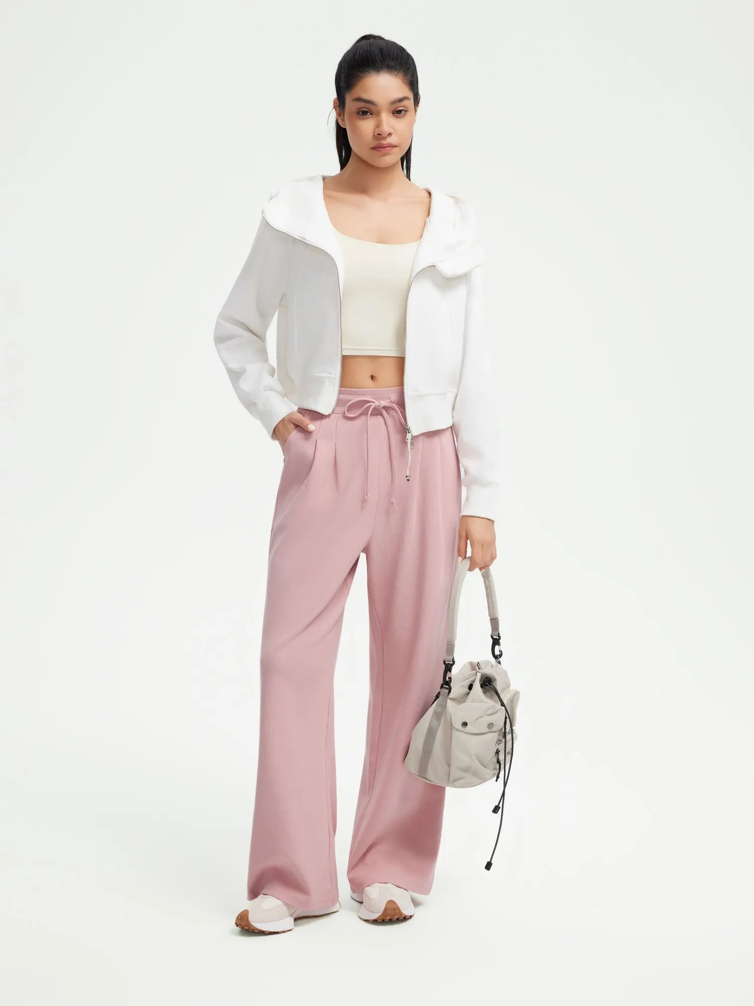 SUUKSESS Women Wide Leg Work Pants High Waisted Drawstring Waffle Knit Trousers-SUUKSESS-SUUKSESS