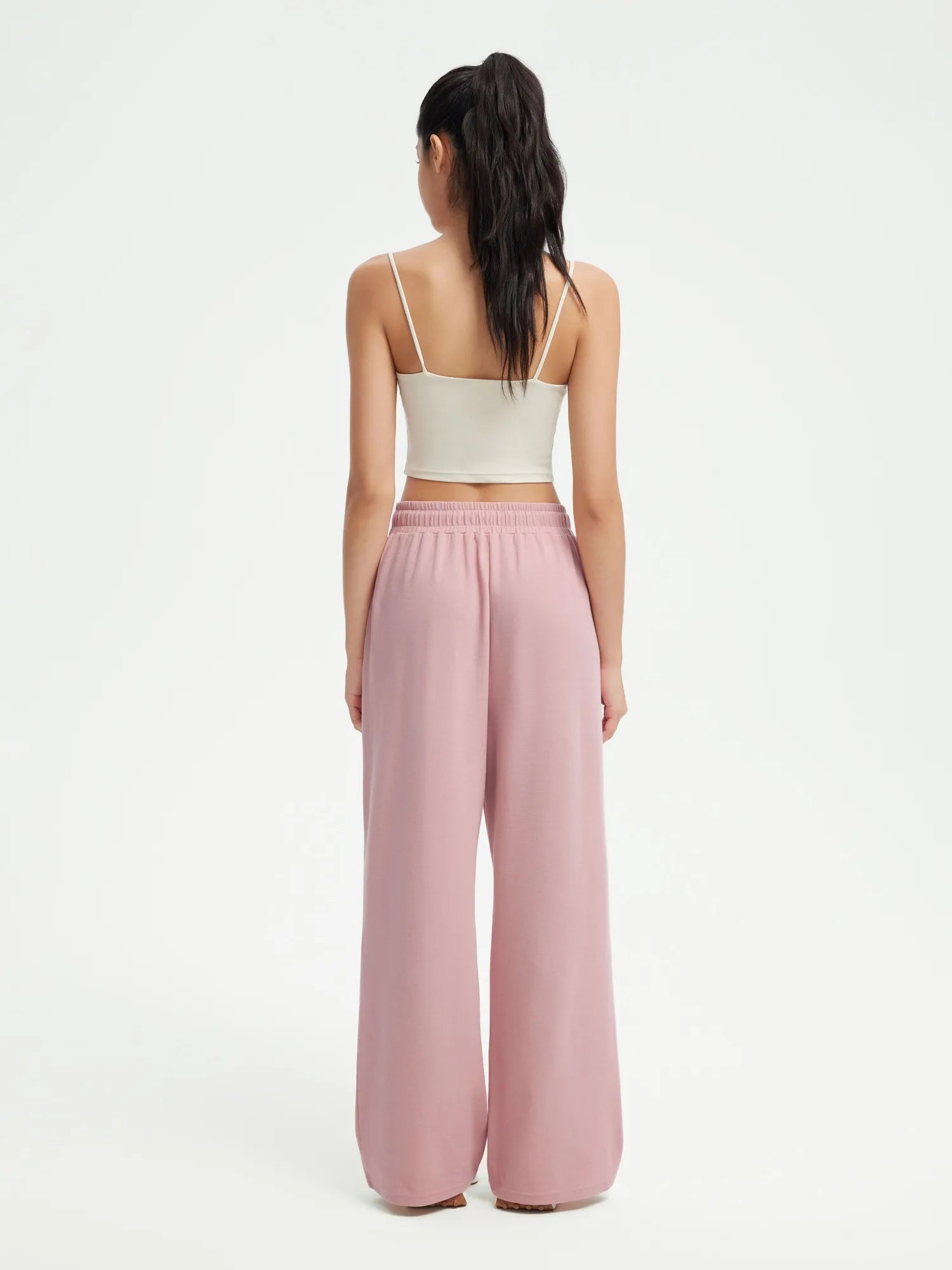 SUUKSESS Women Wide Leg Work Pants High Waisted Drawstring Waffle Knit Trousers-SUUKSESS-SUUKSESS