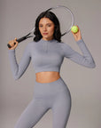 Half-Zip Athletic Top 2 Piece Workout Sets-SUUKSESS-Grey-XS-SUUKSESS