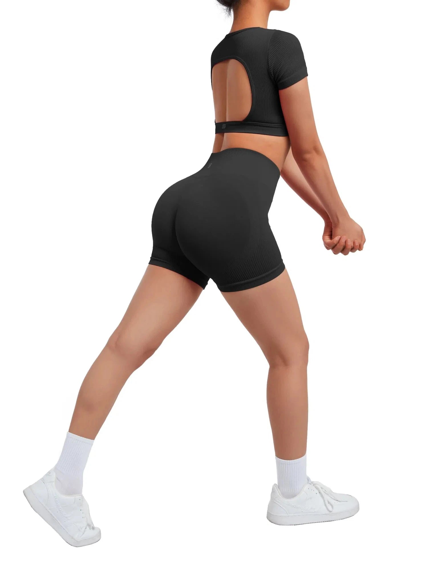 Open Back Short Sleeve Scrunch Seamless Ribbed Workout Sets-Clothing-SUUKSESS-SUUKSESS