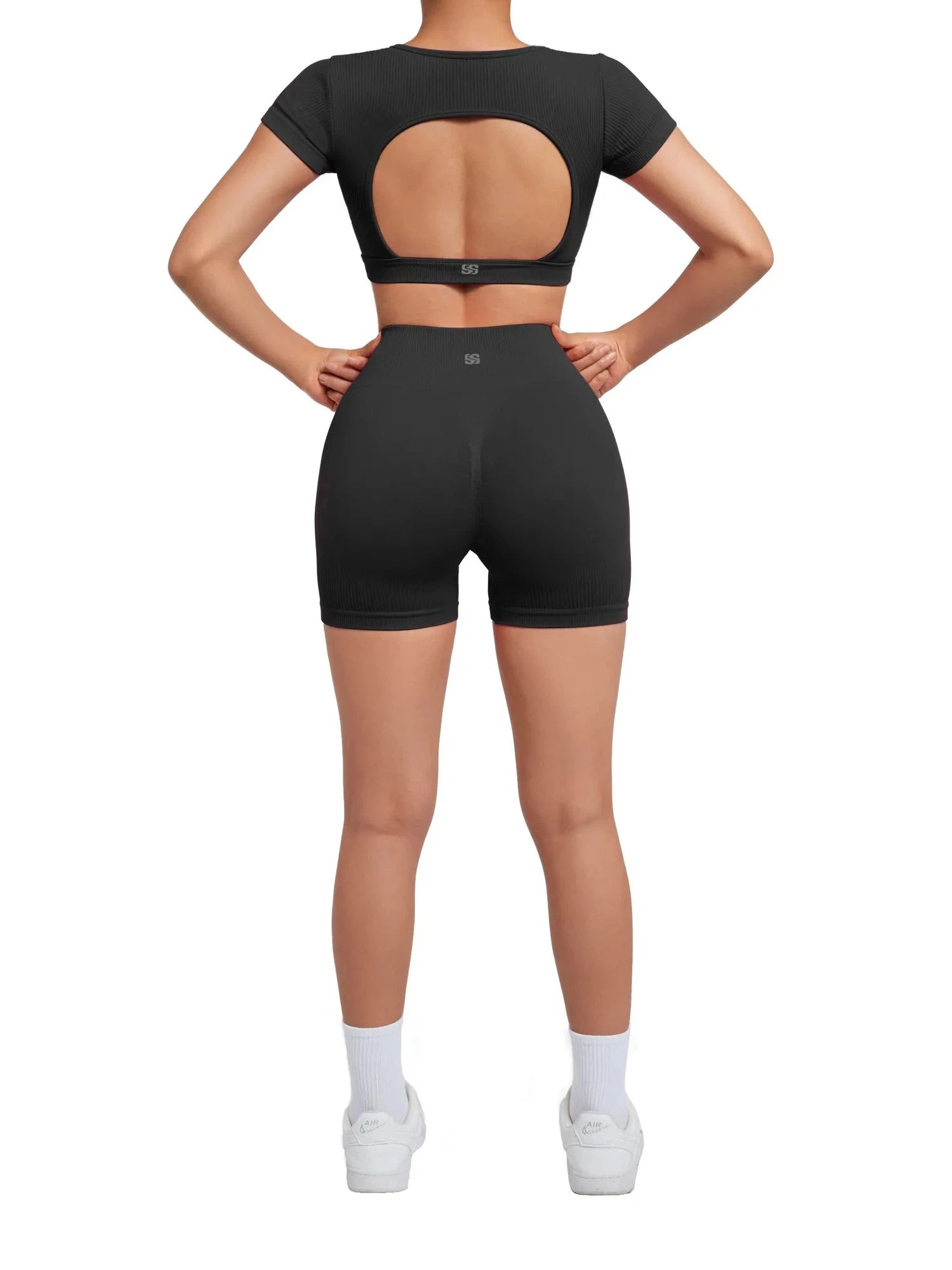 Open Back Short Sleeve Scrunch Seamless Ribbed Workout Sets-Clothing-SUUKSESS-SUUKSESS