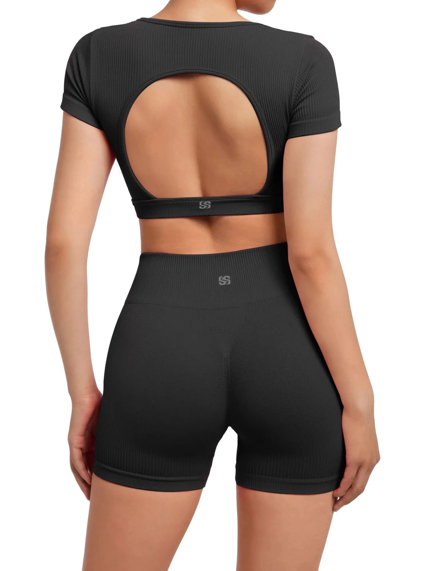 Open Back Short Sleeve Scrunch Seamless Ribbed Workout Sets-Clothing-SUUKSESS-SUUKSESS