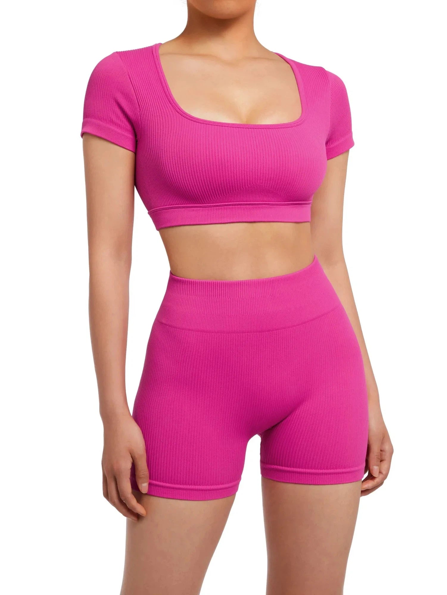 Open Back Short Sleeve Scrunch Seamless Ribbed Workout Sets-Clothing-SUUKSESS-Hot Pink-XS-SUUKSESS