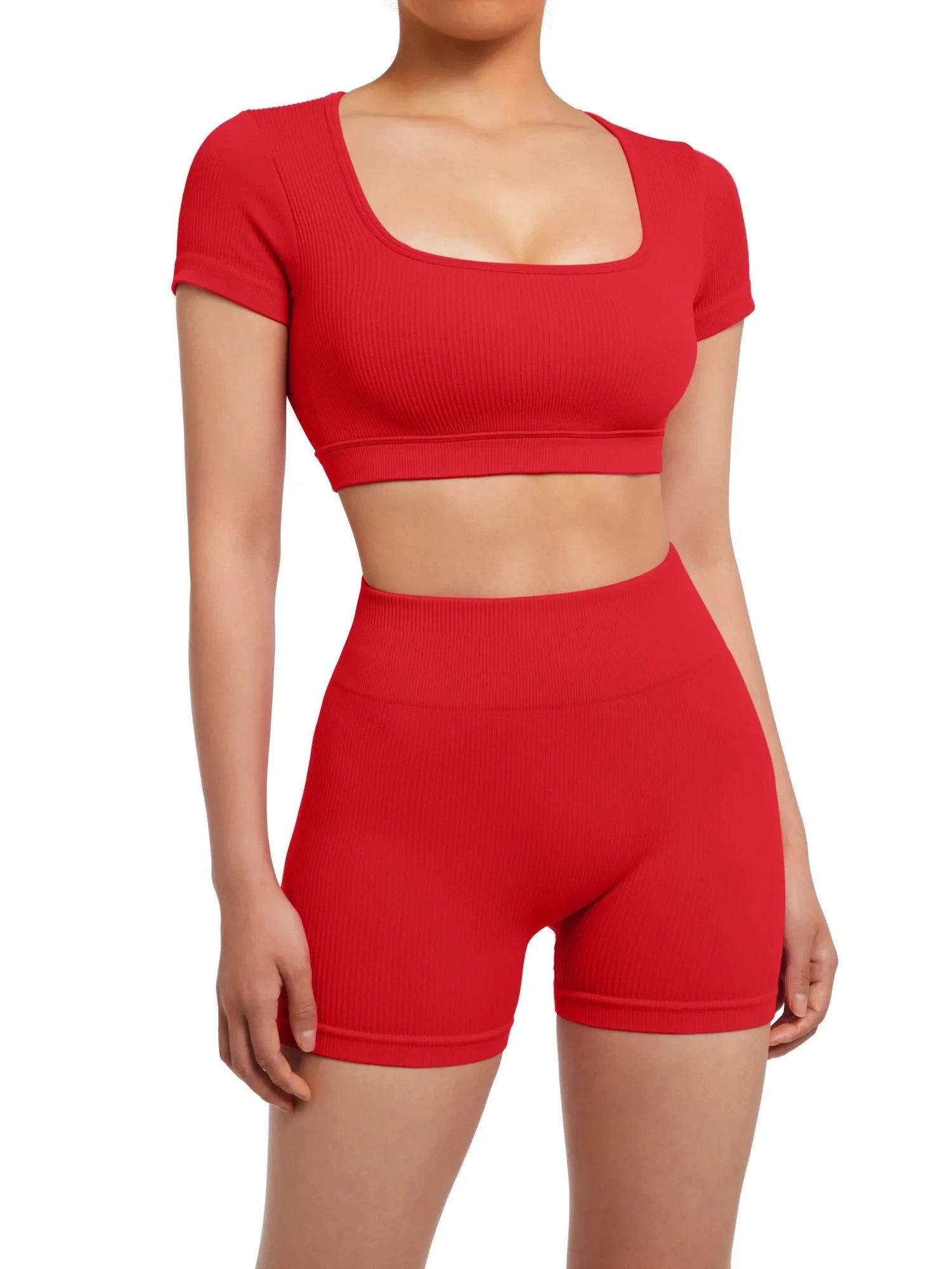 Open Back Short Sleeve Scrunch Seamless Ribbed Workout Sets-Clothing-SUUKSESS-Red-XS-SUUKSESS