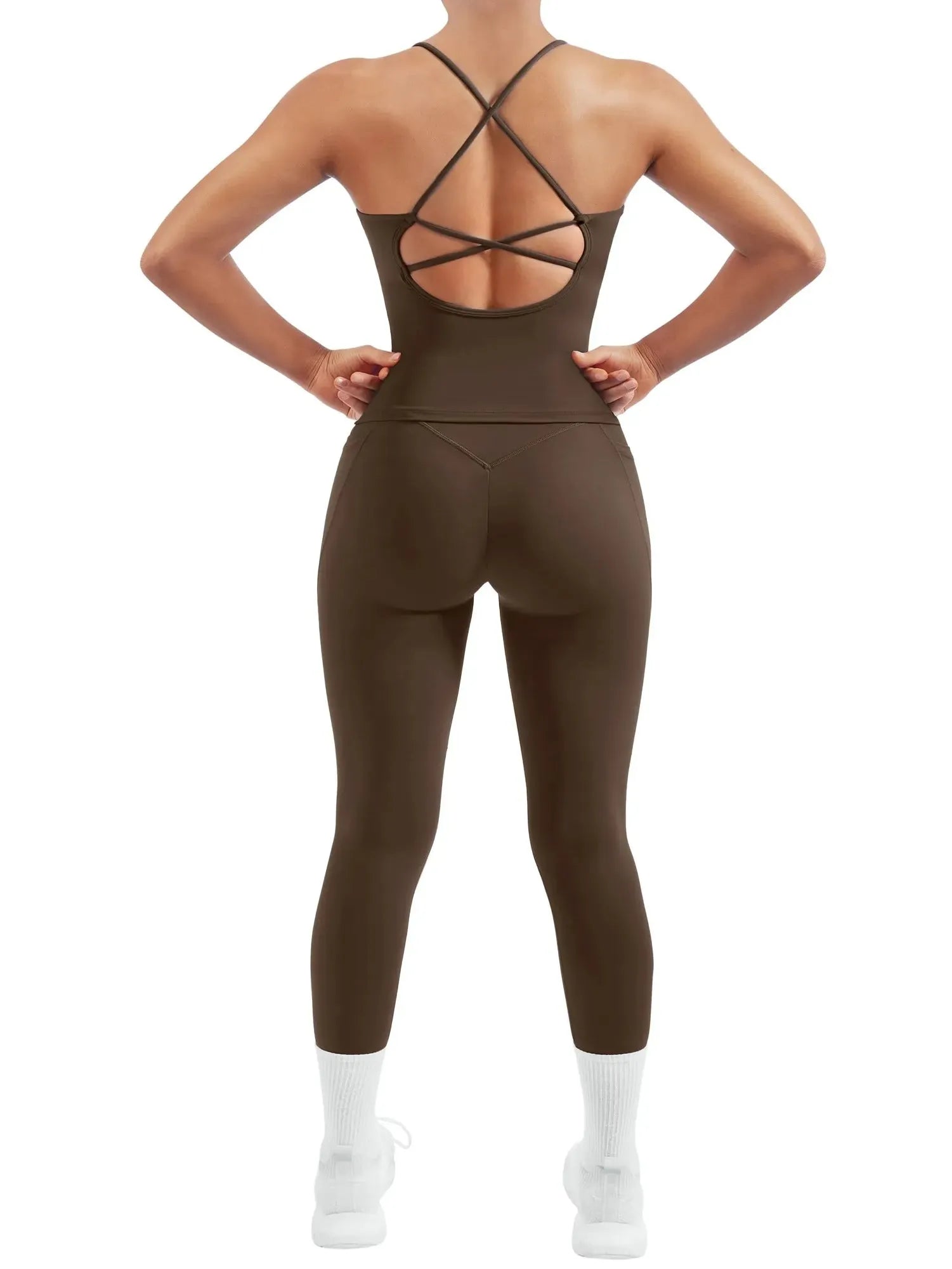SUUKSESS Women 2 Piece Workout Sets Booty Leggings with Pockets Padded Tank Tops-SUUKSESS-Brown-XS-SUUKSESS