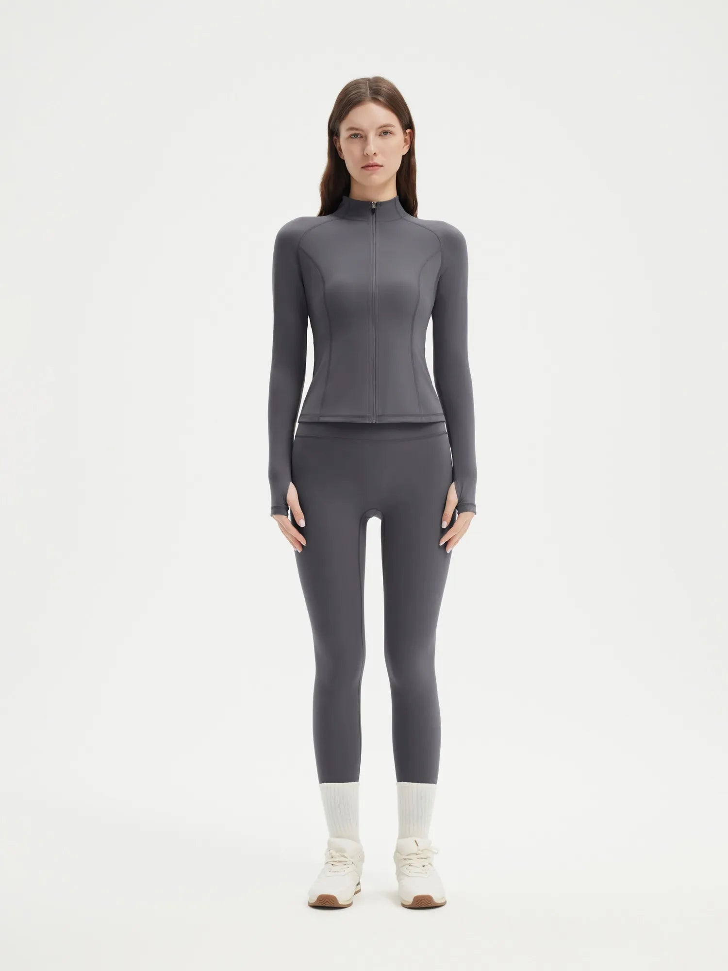 SUUKSESS Women 2 pieces Workout Sets BBL Full Zip Up Jacket High Waist Gym Leggings-SUUKSESS-Gray-XS-SUUKSESS