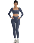 SUUKSESS Women 2 Piece Workout Sets Compression Tummy Control Leggings with Pockets Long Sleeve Square Neck Padded Crop Tops-SUUKSESS-Navy-S-SUUKSESS