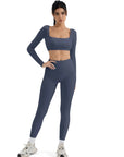 SUUKSESS Women 2 Piece Workout Sets Compression Tummy Control Leggings with Pockets Long Sleeve Square Neck Padded Crop Tops-SUUKSESS-SUUKSESS