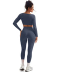 SUUKSESS Women 2 Piece Workout Sets Compression Tummy Control Leggings with Pockets Long Sleeve Square Neck Padded Crop Tops-SUUKSESS-SUUKSESS