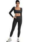 SUUKSESS Women 2 Piece Workout Sets Compression Tummy Control Leggings with Pockets Long Sleeve Square Neck Padded Crop Tops-SUUKSESS-SUUKSESS