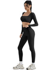 SUUKSESS Women 2 Piece Workout Sets Compression Tummy Control Leggings with Pockets Long Sleeve Square Neck Padded Crop Tops-SUUKSESS-SUUKSESS