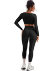 SUUKSESS Women 2 Piece Workout Sets Compression Tummy Control Leggings with Pockets Long Sleeve Square Neck Padded Crop Tops-SUUKSESS-SUUKSESS