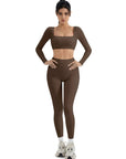 SUUKSESS Women 2 Piece Workout Sets Compression Tummy Control Leggings with Pockets Long Sleeve Square Neck Padded Crop Tops-SUUKSESS-Brown-S-SUUKSESS