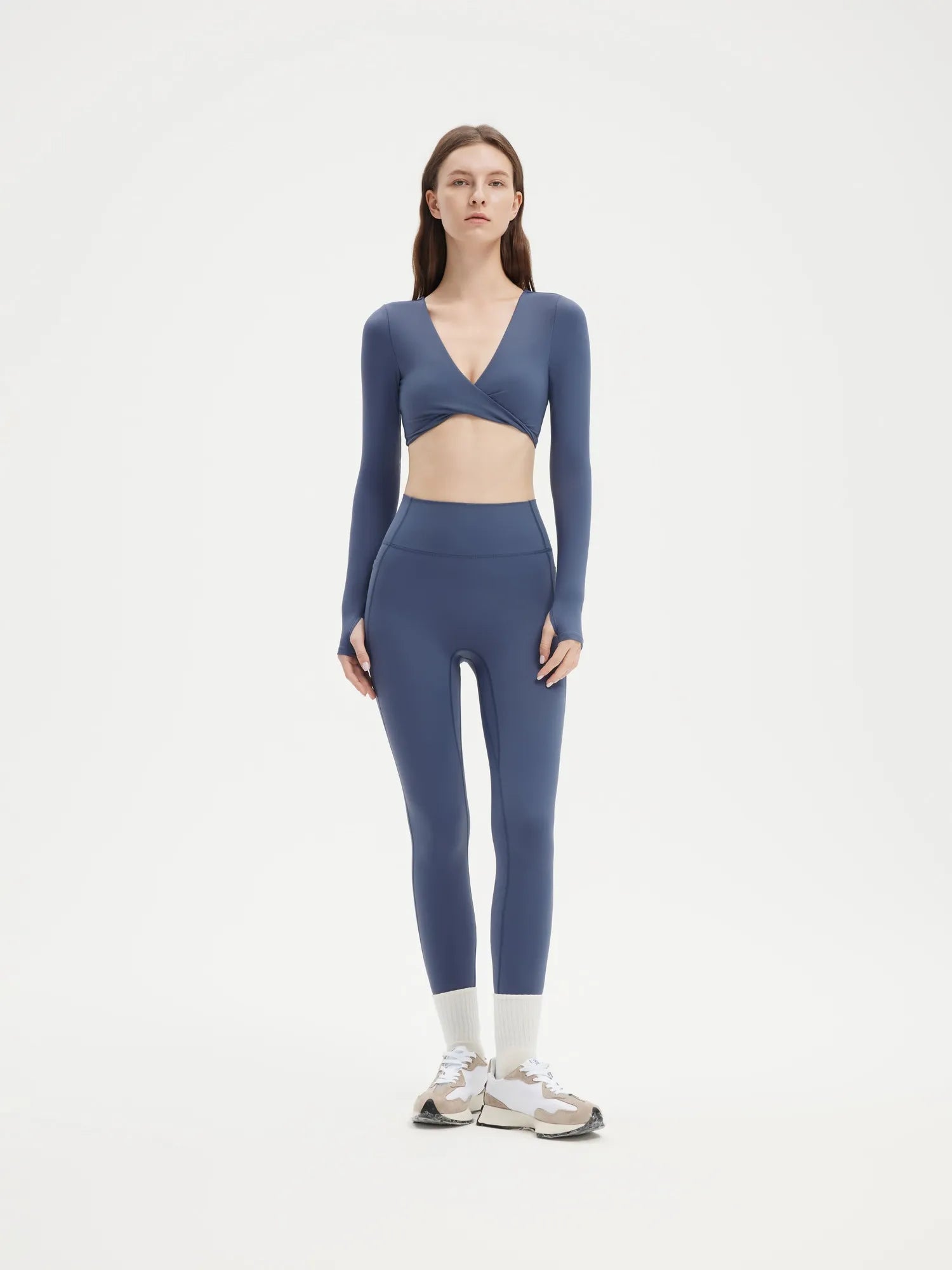 SUUKSESS Women 2 Piece Workout Sets Long Sleeve Twist Deep V Crop Padded Tops Yoga Leggings with Side Pockets-SUUKSESS-Blue-XS-SUUKSESS