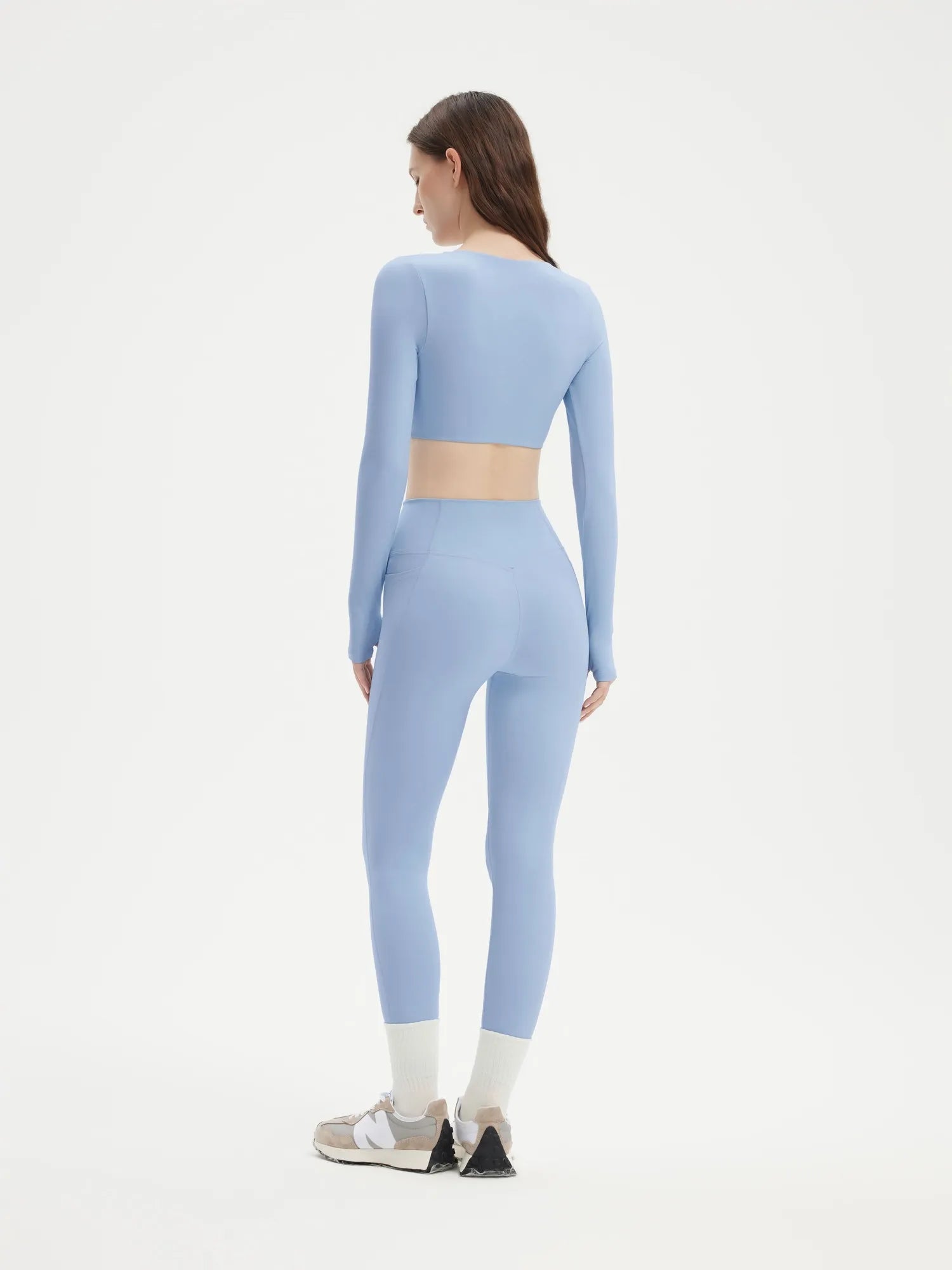 SUUKSESS Women 2 Piece Workout Sets Long Sleeve Twist Deep V Crop Padded Tops Yoga Leggings with Side Pockets-SUUKSESS-SUUKSESS