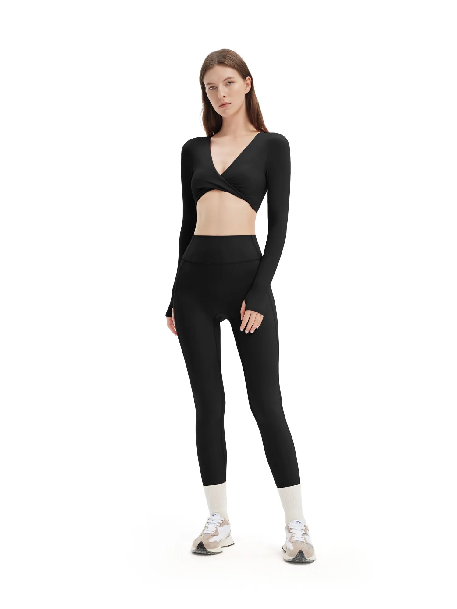 SUUKSESS Women 2 Piece Workout Sets Long Sleeve Twist Deep V Crop Padded Tops Yoga Leggings with Side Pockets-SUUKSESS-Black-XS-SUUKSESS