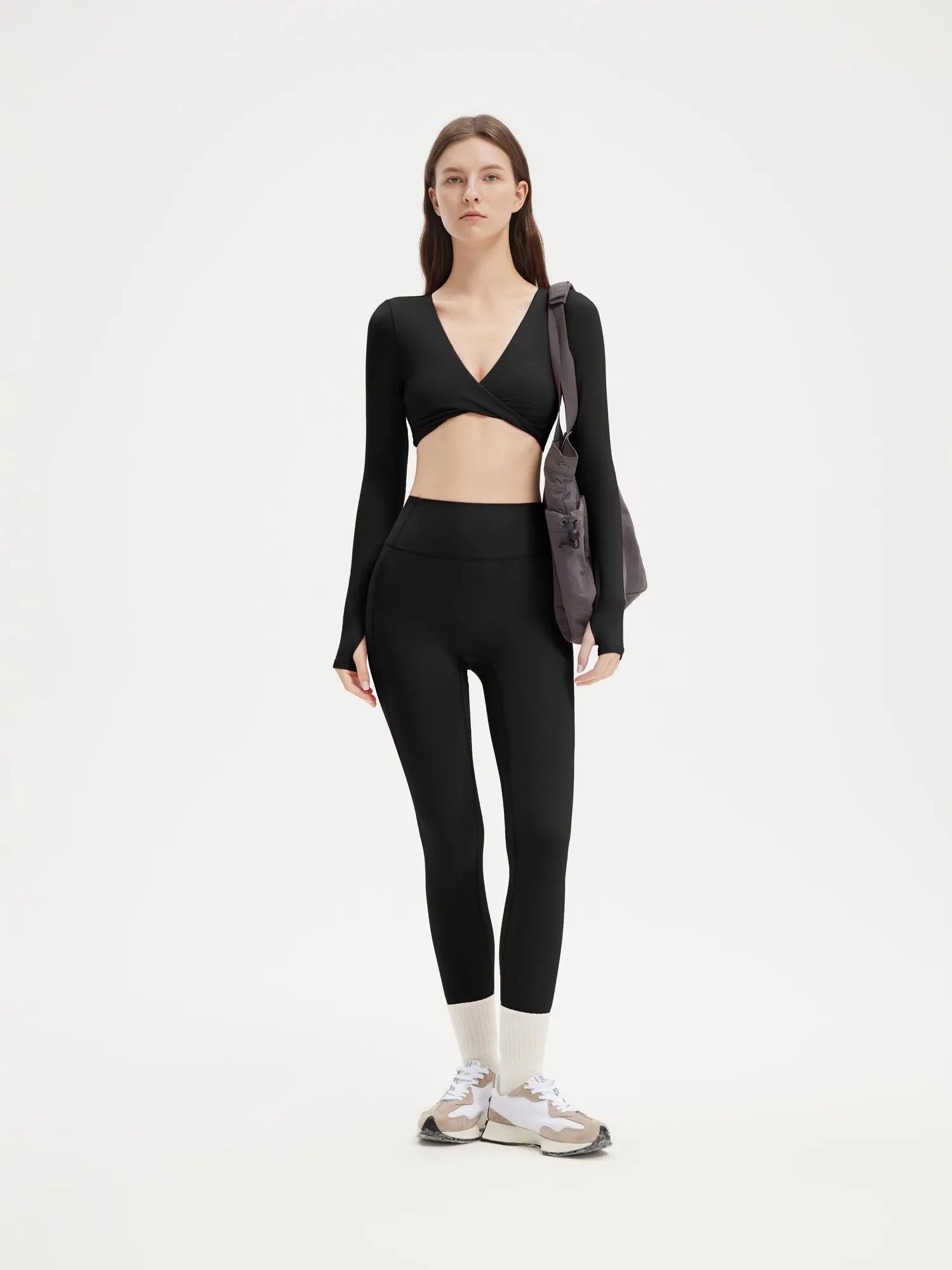 SUUKSESS Women 2 Piece Workout Sets Long Sleeve Twist Deep V Crop Padded Tops Yoga Leggings with Side Pockets-SUUKSESS-SUUKSESS