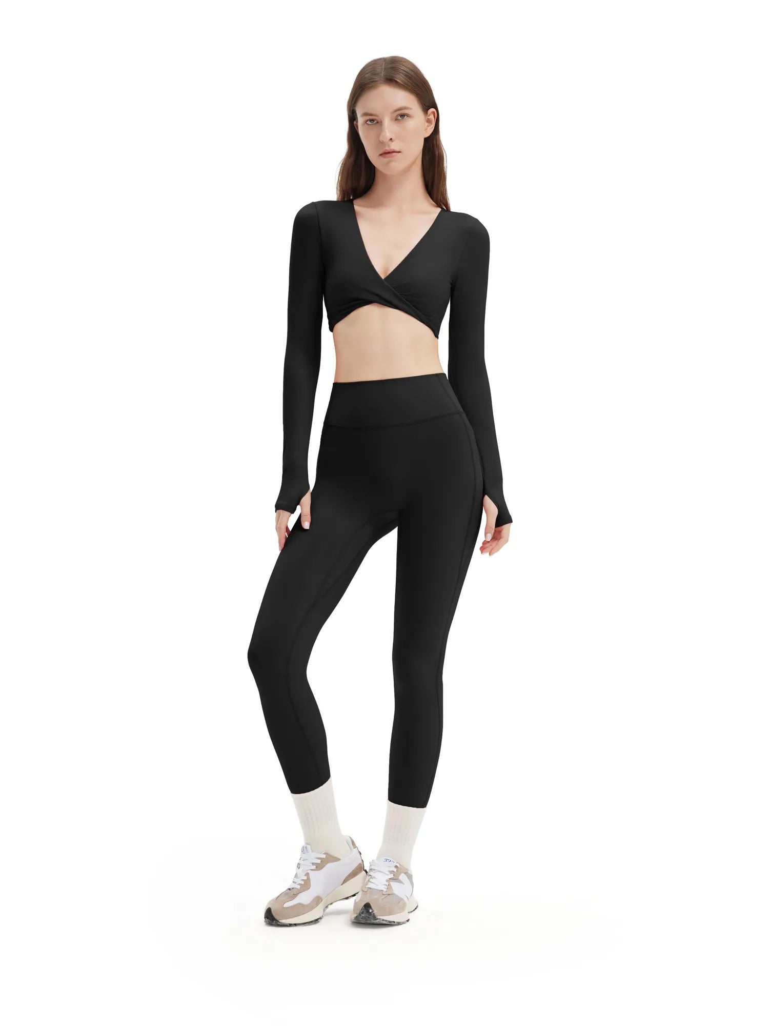 SUUKSESS Women 2 Piece Workout Sets Long Sleeve Twist Deep V Crop Padded Tops Yoga Leggings with Side Pockets-SUUKSESS-SUUKSESS