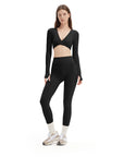 SUUKSESS Women 2 Piece Workout Sets Long Sleeve Twist Deep V Crop Padded Tops Yoga Leggings with Side Pockets-SUUKSESS-SUUKSESS