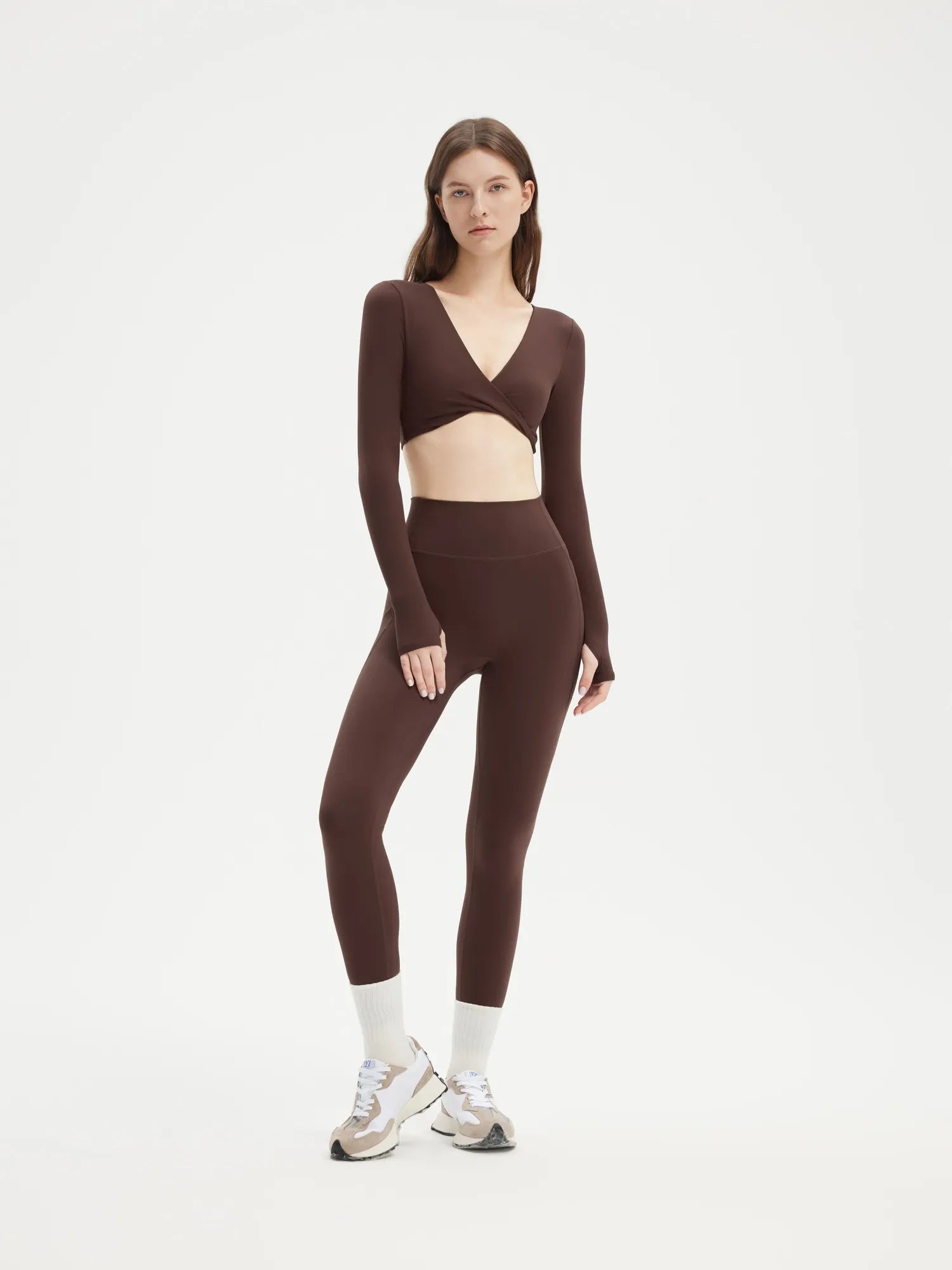 SUUKSESS Women 2 Piece Workout Sets Long Sleeve Twist Deep V Crop Padded Tops Yoga Leggings with Side Pockets-SUUKSESS-Brown-XS-SUUKSESS