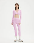 SUUKSESS Women 2 Piece Workout Sets Long Sleeve Twist Deep V Crop Padded Tops Yoga Leggings with Side Pockets-SUUKSESS-Light Pink-XS-SUUKSESS