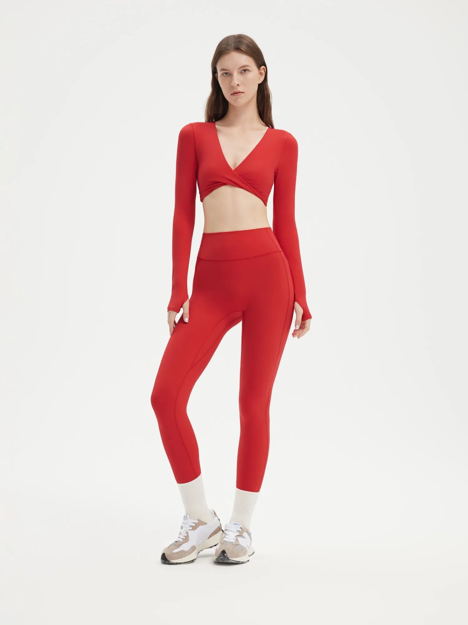 SUUKSESS Women 2 Piece Workout Sets Long Sleeve Twist Deep V Crop Padded Tops Yoga Leggings with Side Pockets-SUUKSESS-Red-XS-SUUKSESS