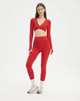 SUUKSESS Women 2 Piece Workout Sets Long Sleeve Twist Deep V Crop Padded Tops Yoga Leggings with Side Pockets-SUUKSESS-Red-XS-SUUKSESS