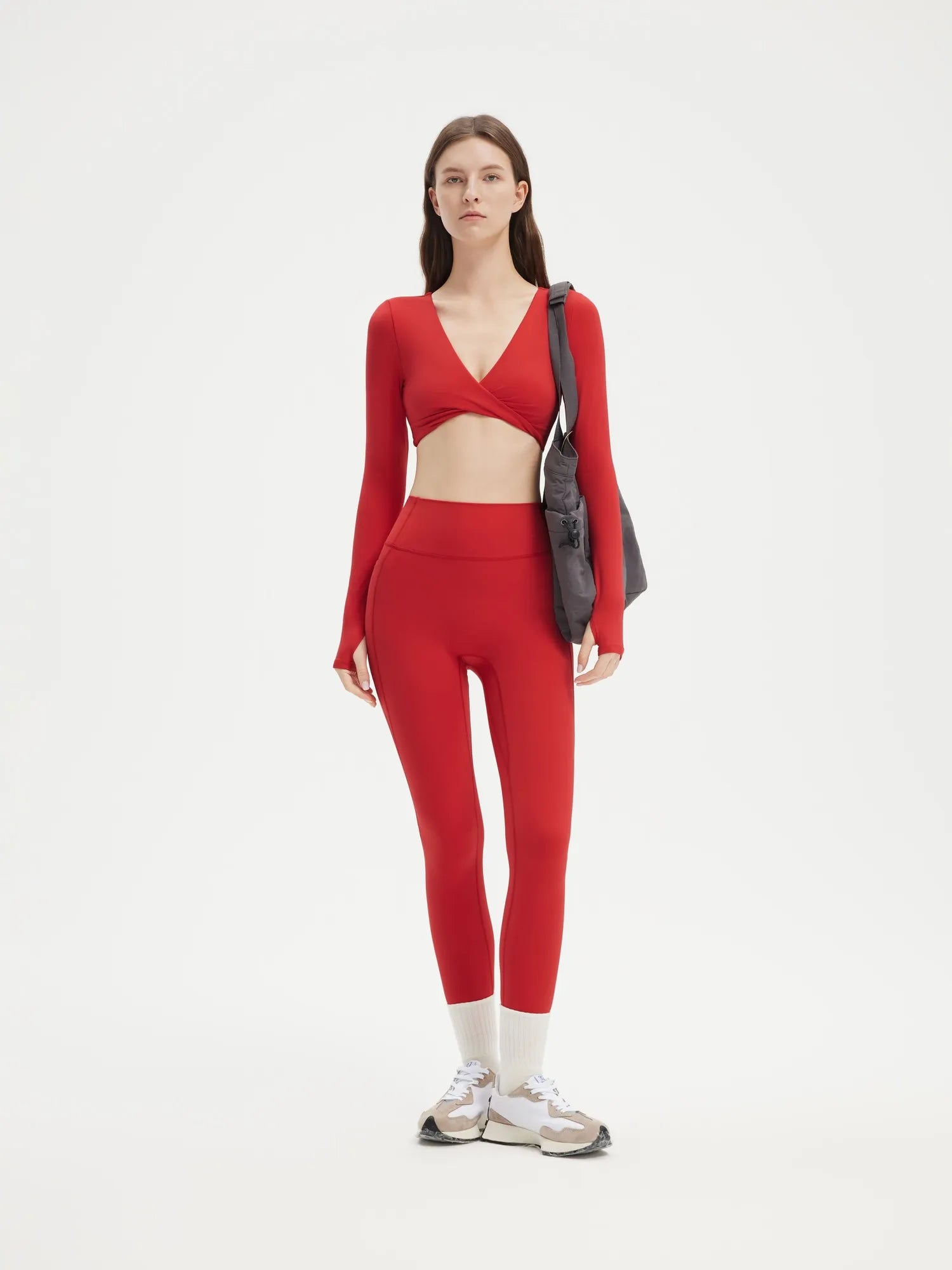 SUUKSESS Women 2 Piece Workout Sets Long Sleeve Twist Deep V Crop Padded Tops Yoga Leggings with Side Pockets-SUUKSESS-SUUKSESS