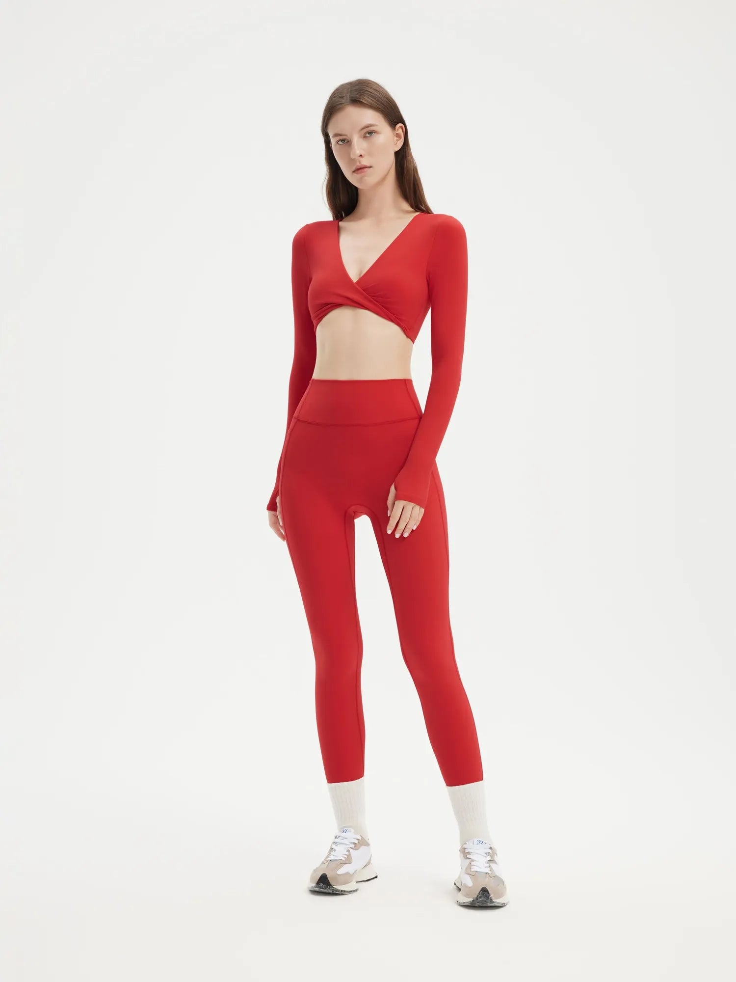 SUUKSESS Women 2 Piece Workout Sets Long Sleeve Twist Deep V Crop Padded Tops Yoga Leggings with Side Pockets-SUUKSESS-SUUKSESS