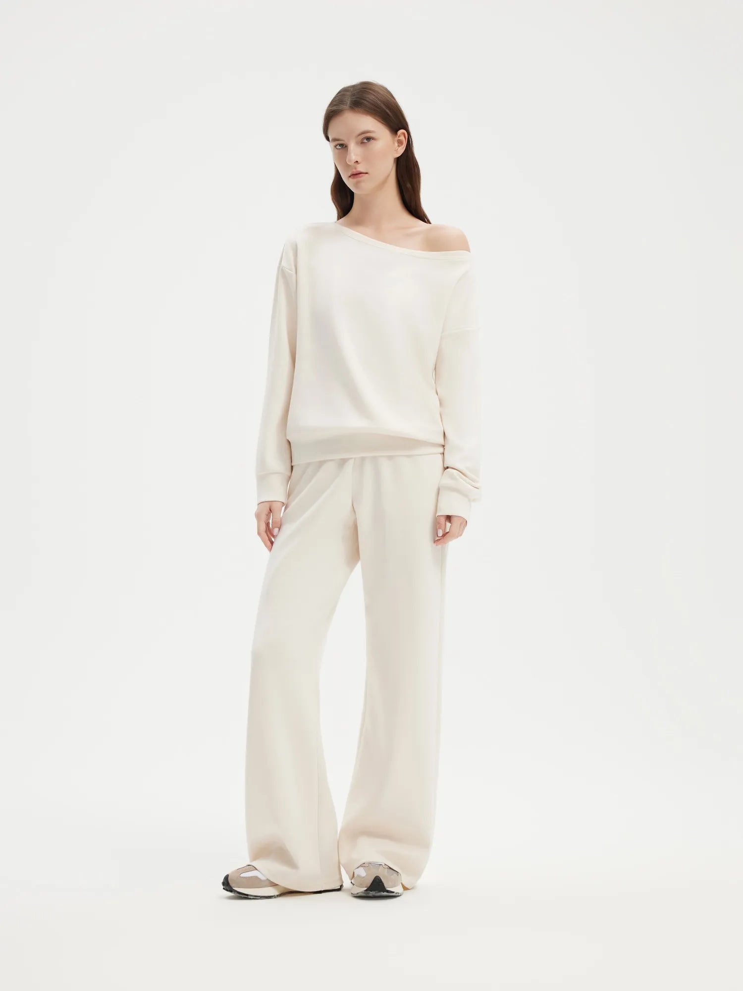 SUUKSESS Women 2 Piece Lounge Matching Set Off Shoulder Sweatshirt Wide Leg Sweatpant-SUUKSESS-White-XS-SUUKSESS