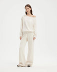 SUUKSESS Women 2 Piece Lounge Matching Set Off Shoulder Sweatshirt Wide Leg Sweatpant-SUUKSESS-White-XS-SUUKSESS