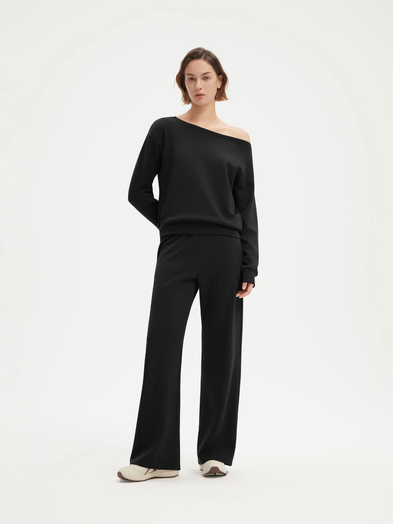 SUUKSESS Women 2 Piece Lounge Matching Set Off Shoulder Sweatshirt Wide Leg Sweatpant-SUUKSESS-Black-XS-SUUKSESS