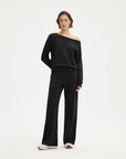 SUUKSESS Women 2 Piece Lounge Matching Set Off Shoulder Sweatshirt Wide Leg Sweatpant-SUUKSESS-Black-XS-SUUKSESS