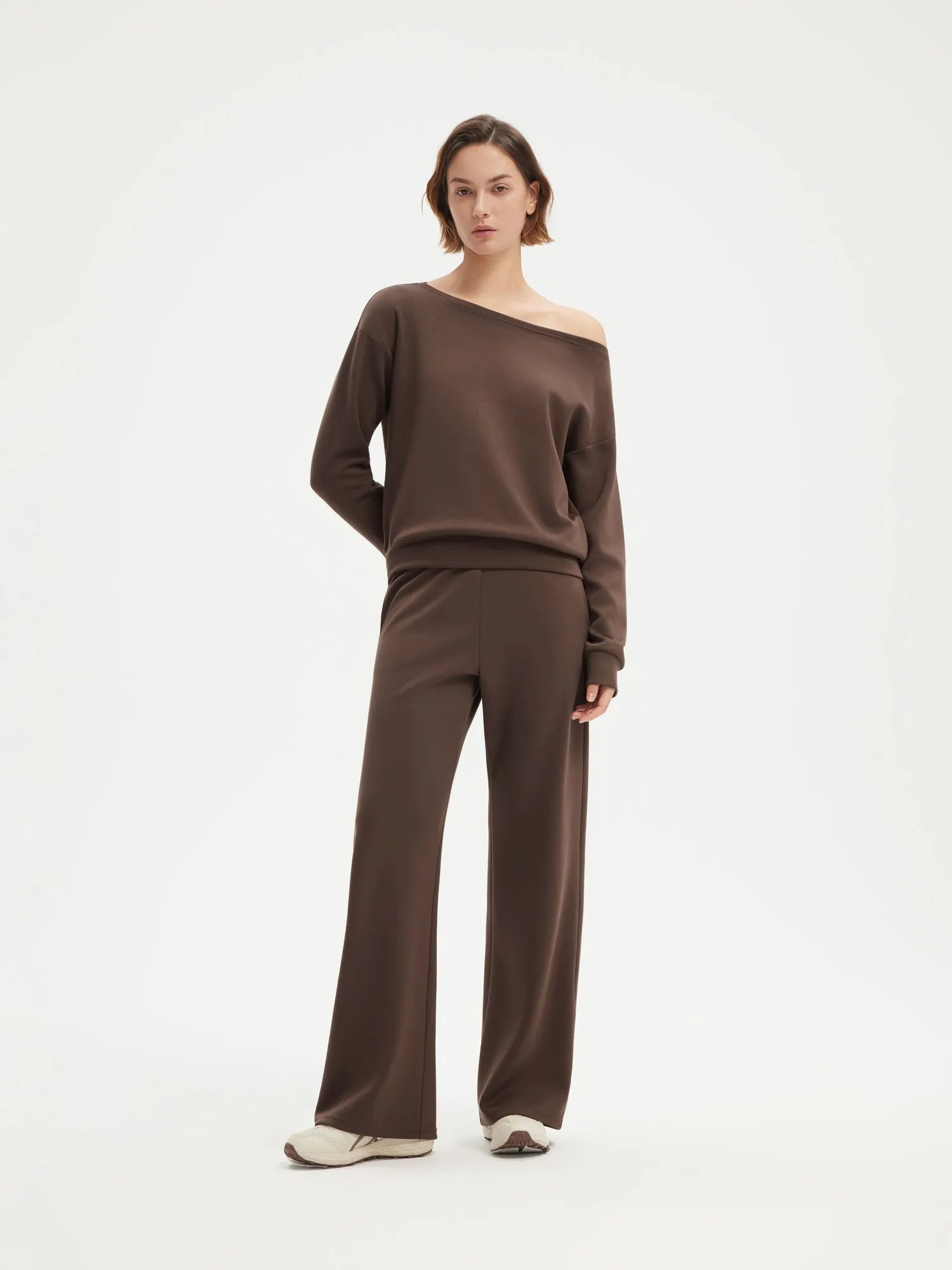 SUUKSESS Women 2 Piece Lounge Matching Set Off Shoulder Sweatshirt Wide Leg Sweatpant-SUUKSESS-Brown-XS-SUUKSESS