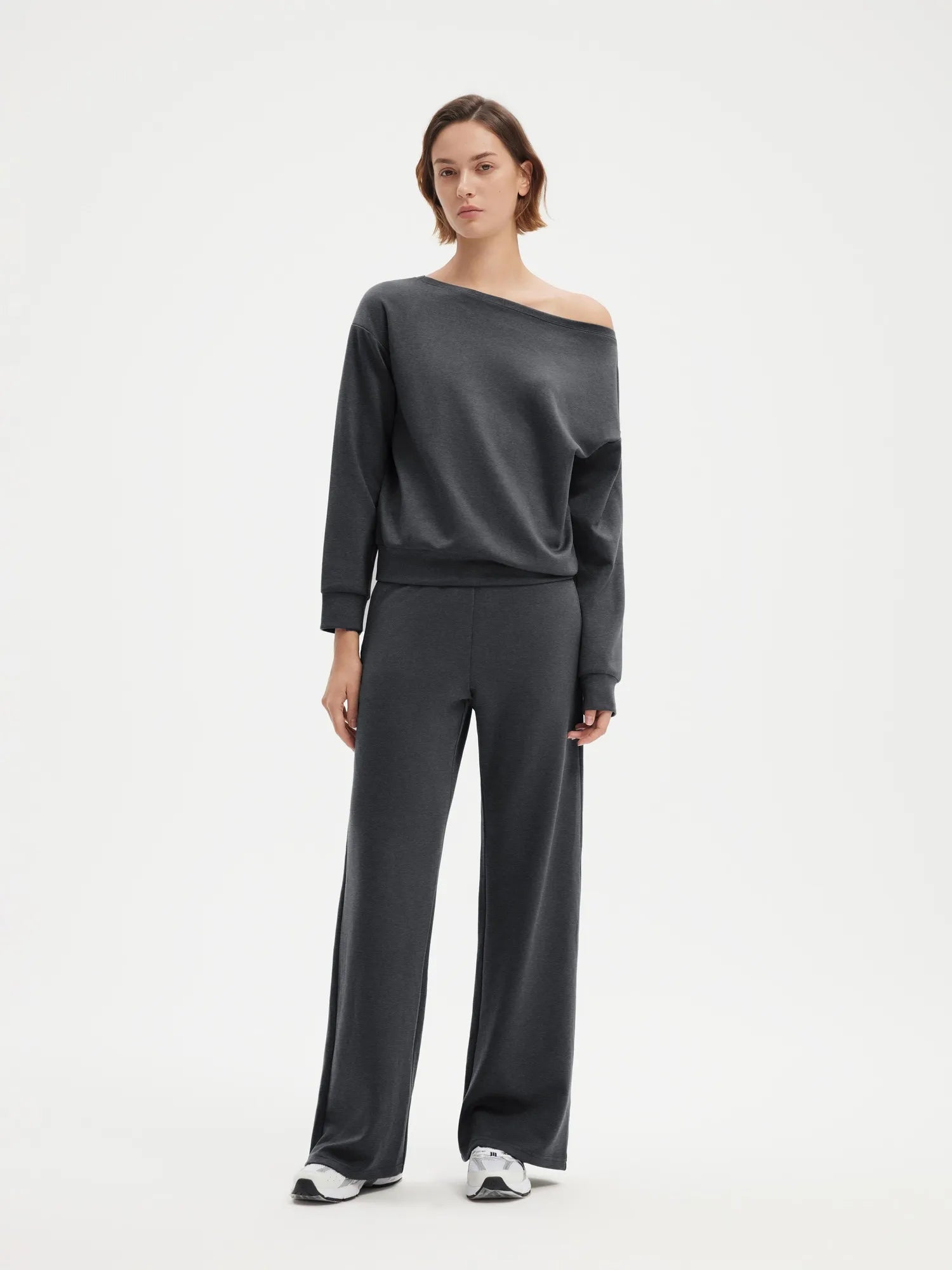 SUUKSESS Women 2 Piece Lounge Matching Set Off Shoulder Sweatshirt Wide Leg Sweatpant-SUUKSESS-Gray-XS-SUUKSESS