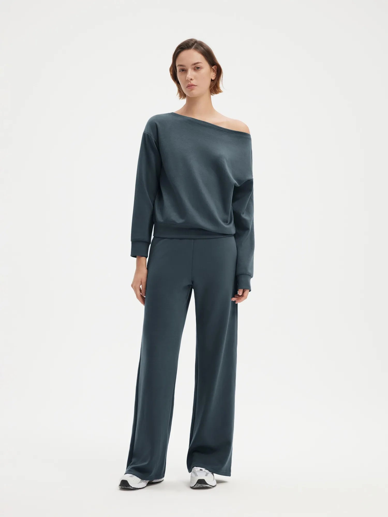 SUUKSESS Women 2 Piece Lounge Matching Set Off Shoulder Sweatshirt Wide Leg Sweatpant-SUUKSESS-Cool Grey-XS-SUUKSESS