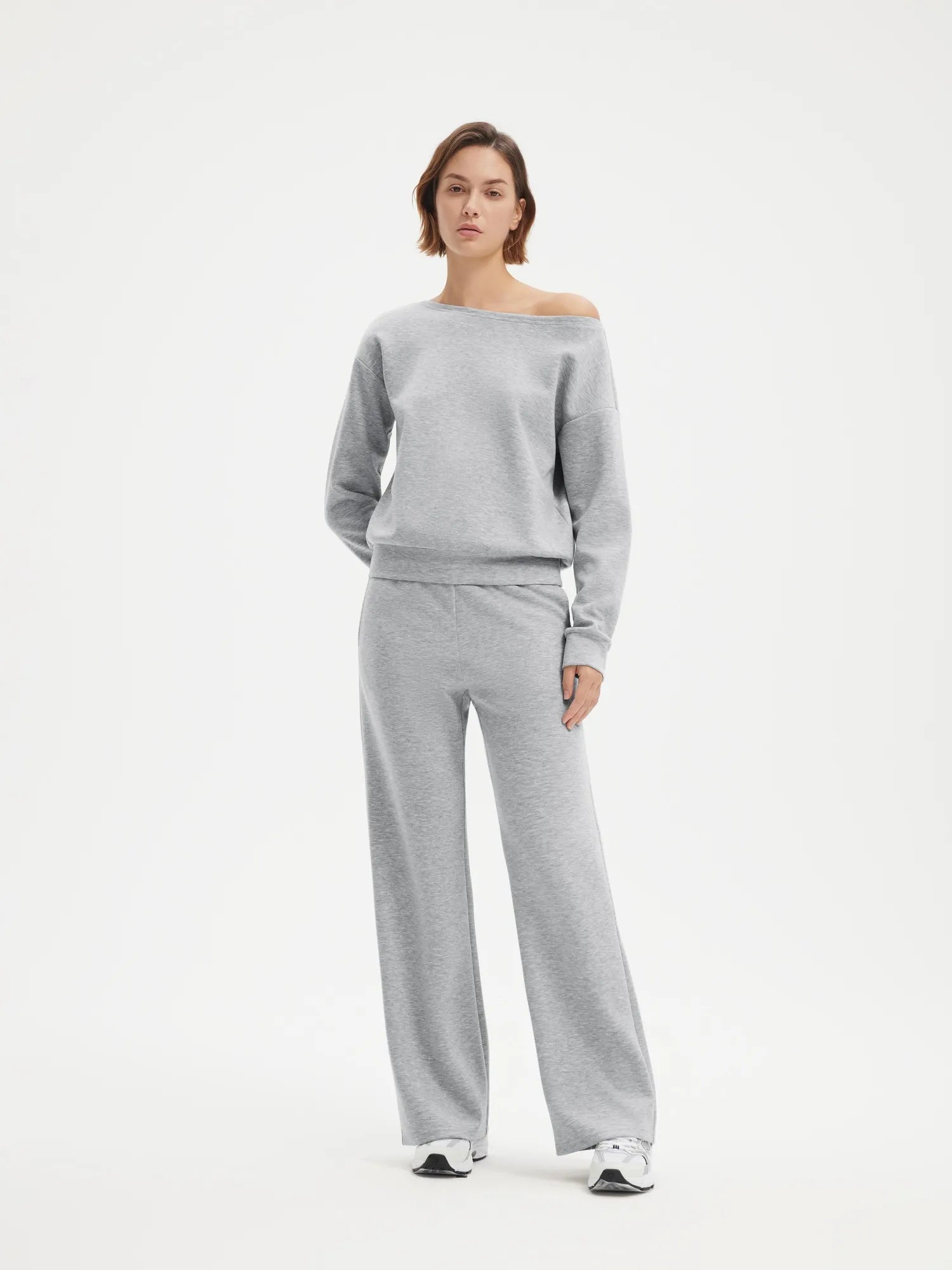 SUUKSESS Women 2 Piece Lounge Matching Set Off Shoulder Sweatshirt Wide Leg Sweatpant-SUUKSESS-Light Grey-XS-SUUKSESS