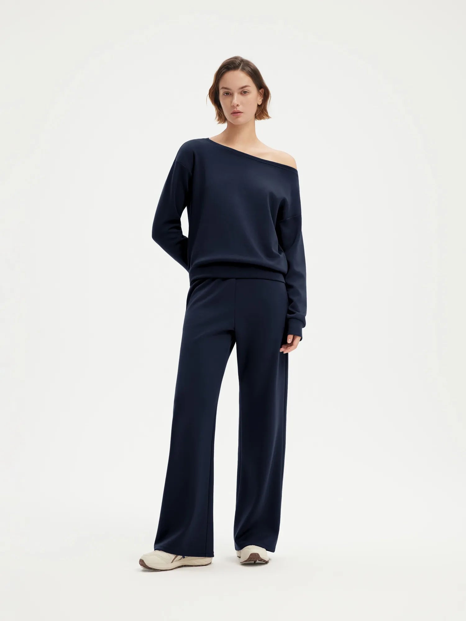 SUUKSESS Women 2 Piece Lounge Matching Set Off Shoulder Sweatshirt Wide Leg Sweatpant-SUUKSESS-Navy-XS-SUUKSESS