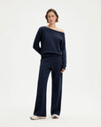 SUUKSESS Women 2 Piece Lounge Matching Set Off Shoulder Sweatshirt Wide Leg Sweatpant-SUUKSESS-Navy-XS-SUUKSESS