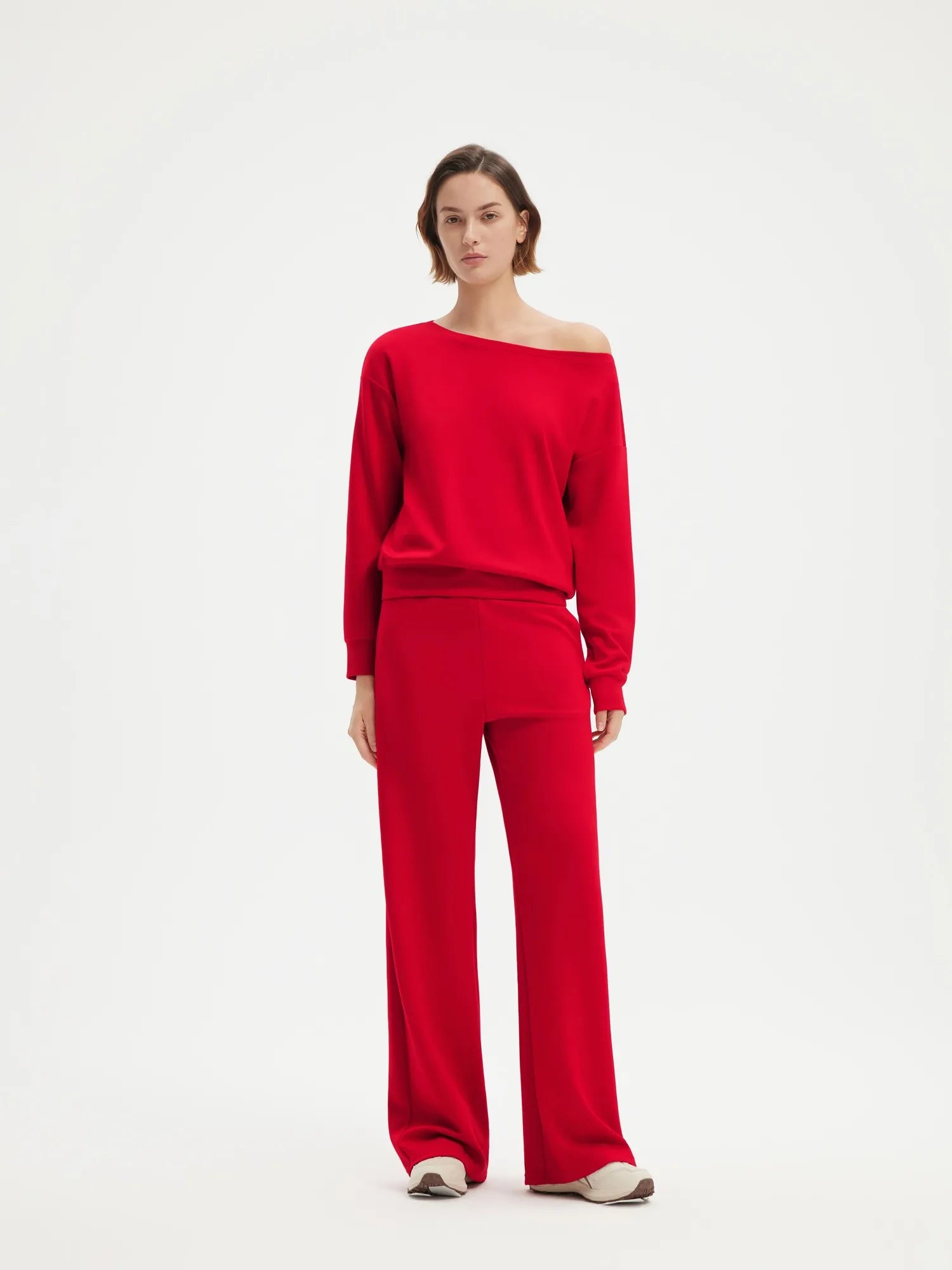 SUUKSESS Women 2 Piece Lounge Matching Set Off Shoulder Sweatshirt Wide Leg Sweatpant-SUUKSESS-Red-XS-SUUKSESS